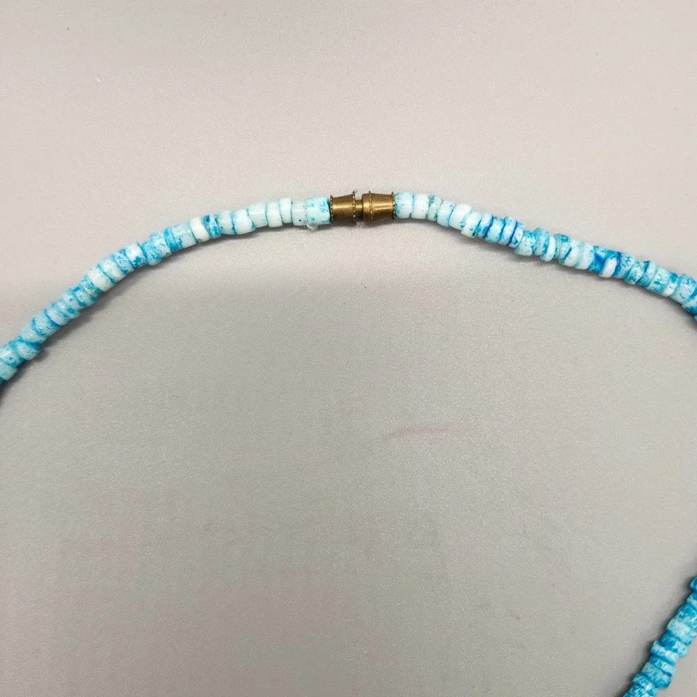 Chunky Seashell Statement Necklace Gaudy Turquoise Choker Brass Tone Beads Bold